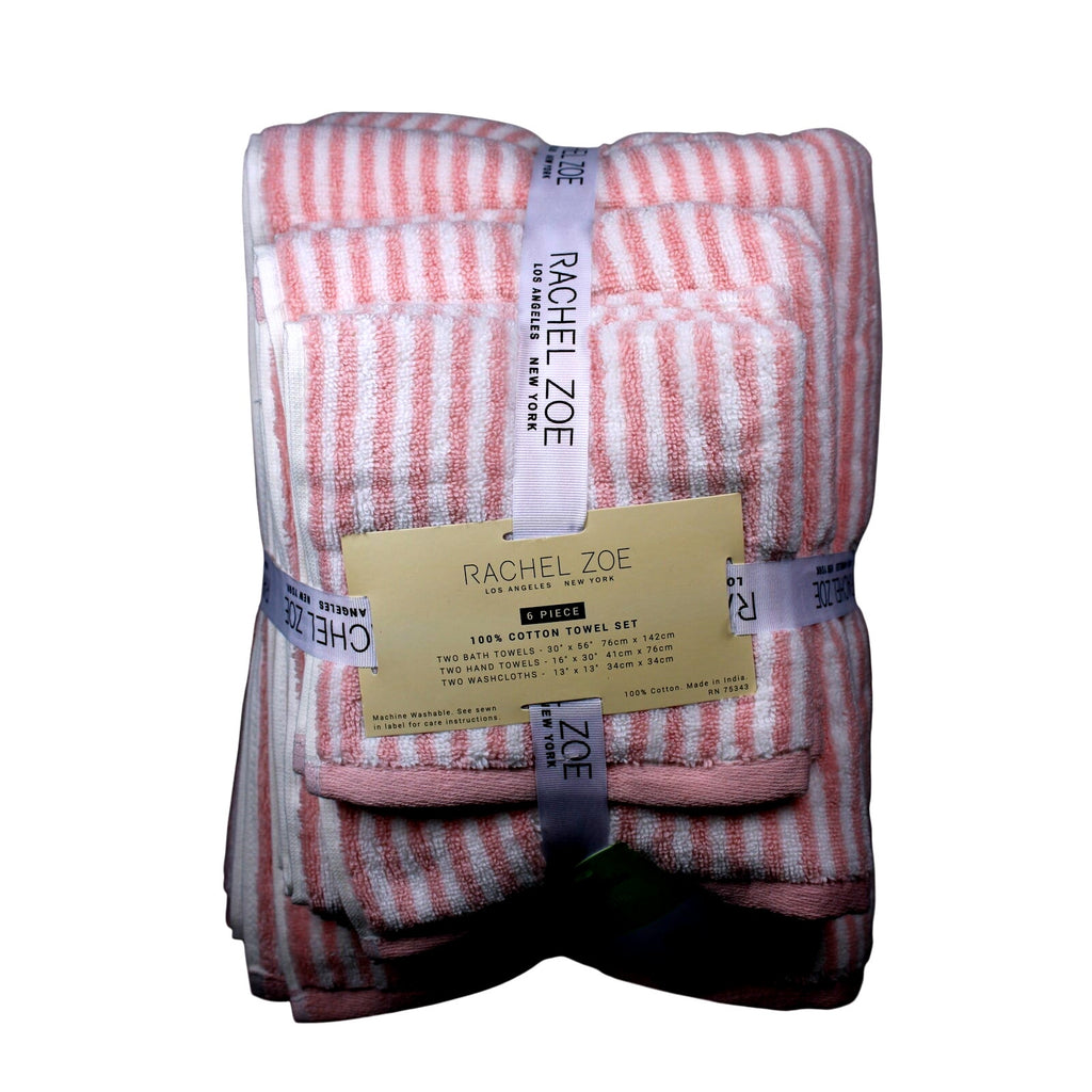 Rachel Zoe Home 6 Piece Bath Towel Set Blush Pink & White Stripes 100% Cotton, New