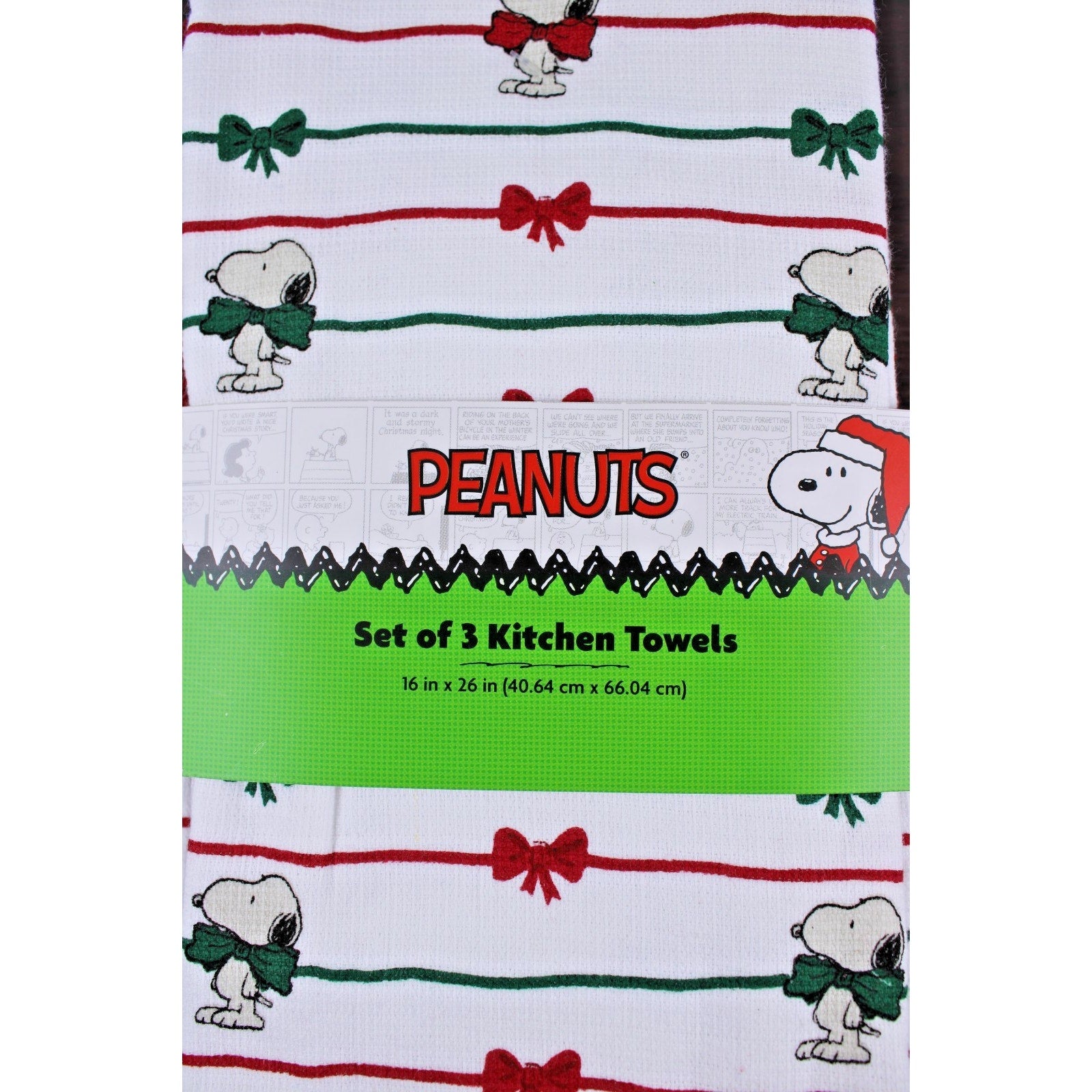 Peanuts Snoopy Red and Green Christmas Bows 3 pc Kitchen Towel Set 18x28 Cotton