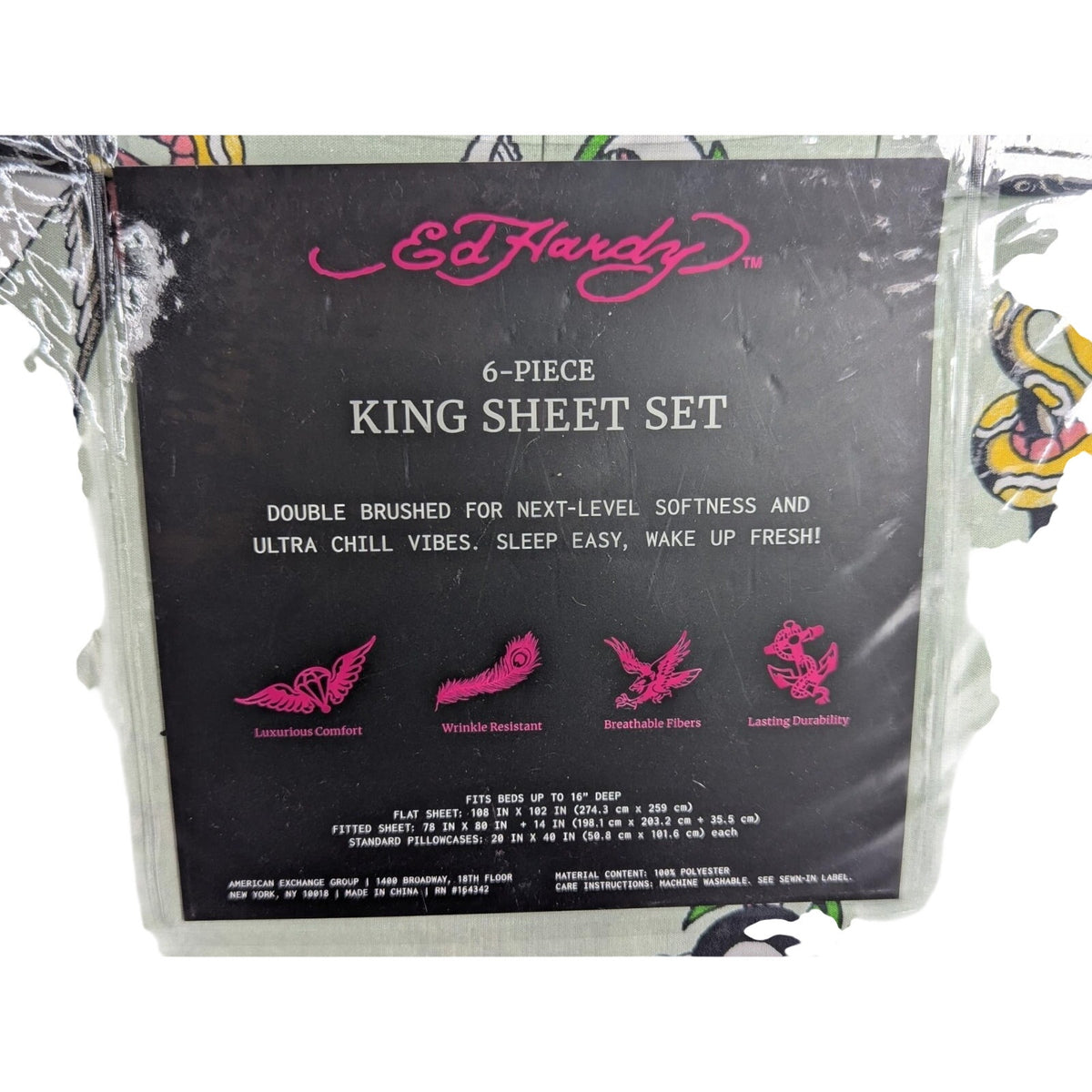 Ed Hardy 6-pc King Sheet Set w/4 Pillowcases, Skulls, Snake, Bird, Tiger- Green