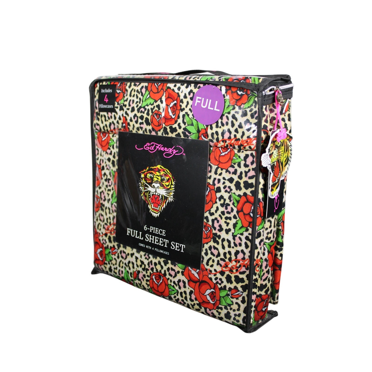 Ed Hardy Leopard Print with Red Roses & Logos 6pc FULL Sheet Set w/4 Pillowcases
