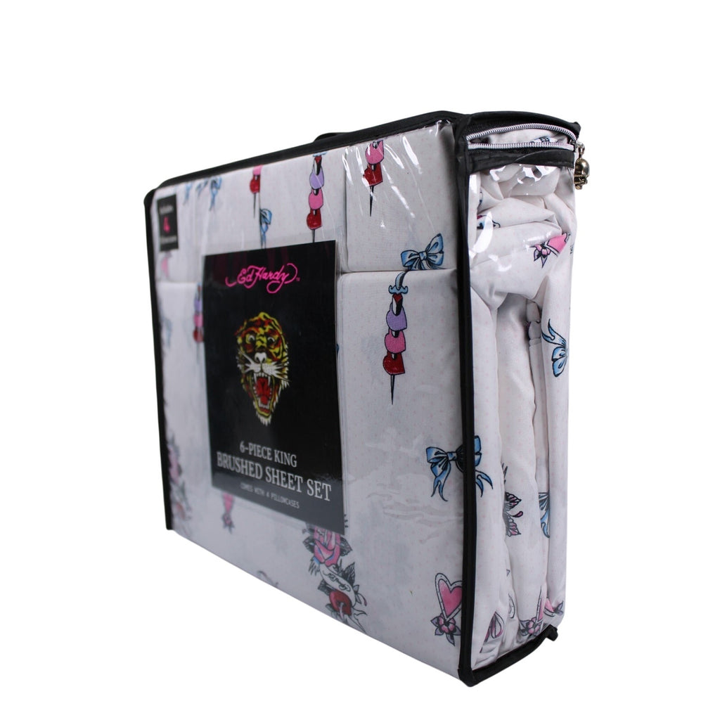 Ed Hardy KING 6pc Sheet Set with 4 Pillowcases Skulls, Bows, Roses, Hearts print