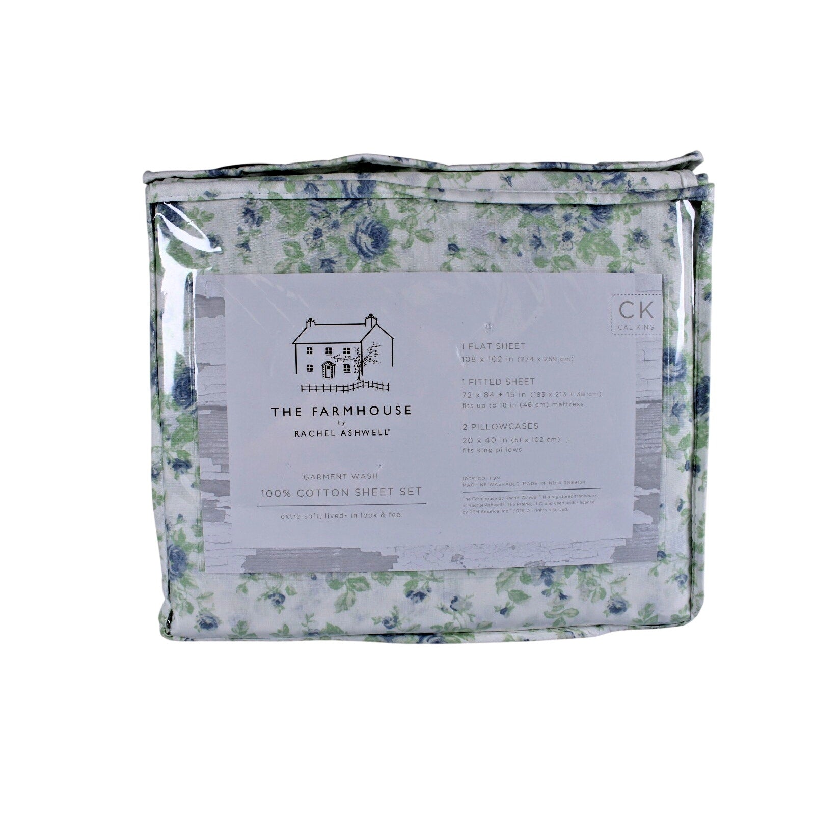 The Farmhouse Rachel Ashwell Blue Floral Cal King Sheet Set Blue Green