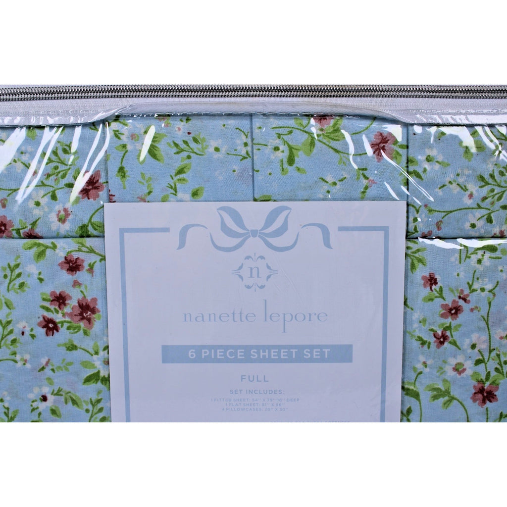 Nanette Lepore Full 6 Piece Sheet Set Green, Pink Floral, 2 bonus pillowcases