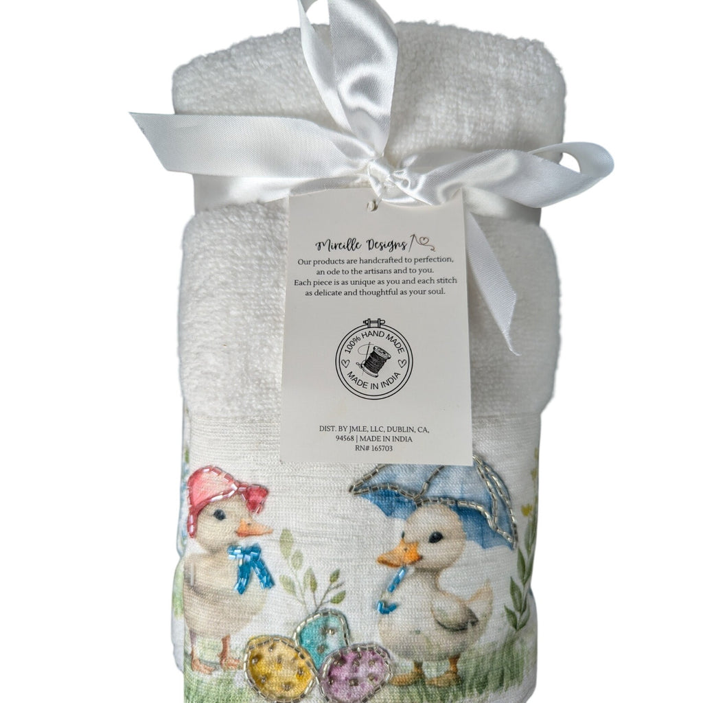 Easter Blessing Beaded Ducks Floral Hand Towels Set of 2, 16x28" 100% Cotton