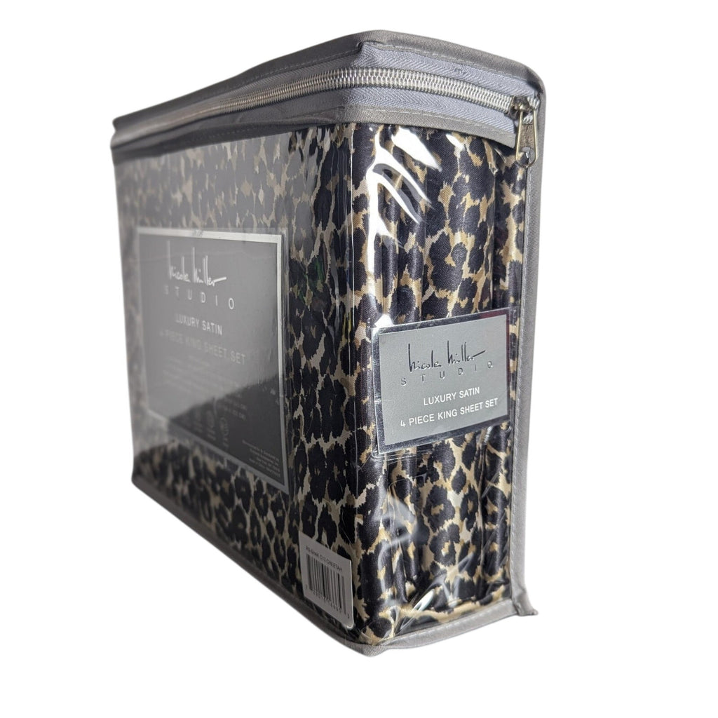 Nicole Miller Studio Luxury Satin KING Sheet Set 4 Pc Leopard Cheetah - New
