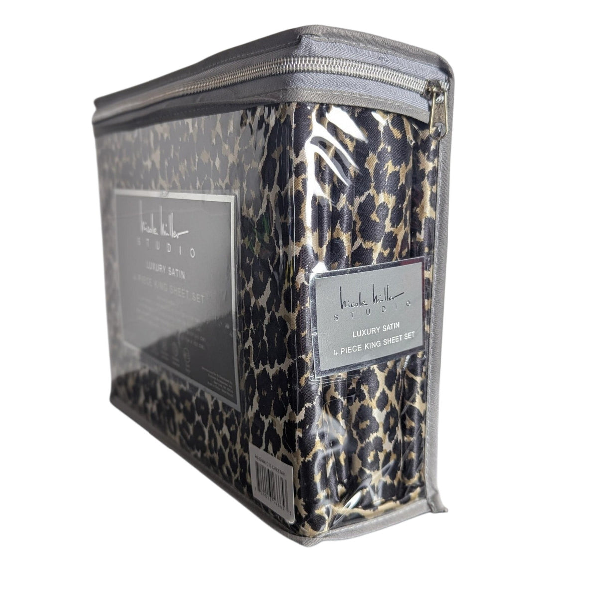 Nicole Miller Studio Luxury Satin KING Sheet Set 4 Pc Leopard Cheetah - New