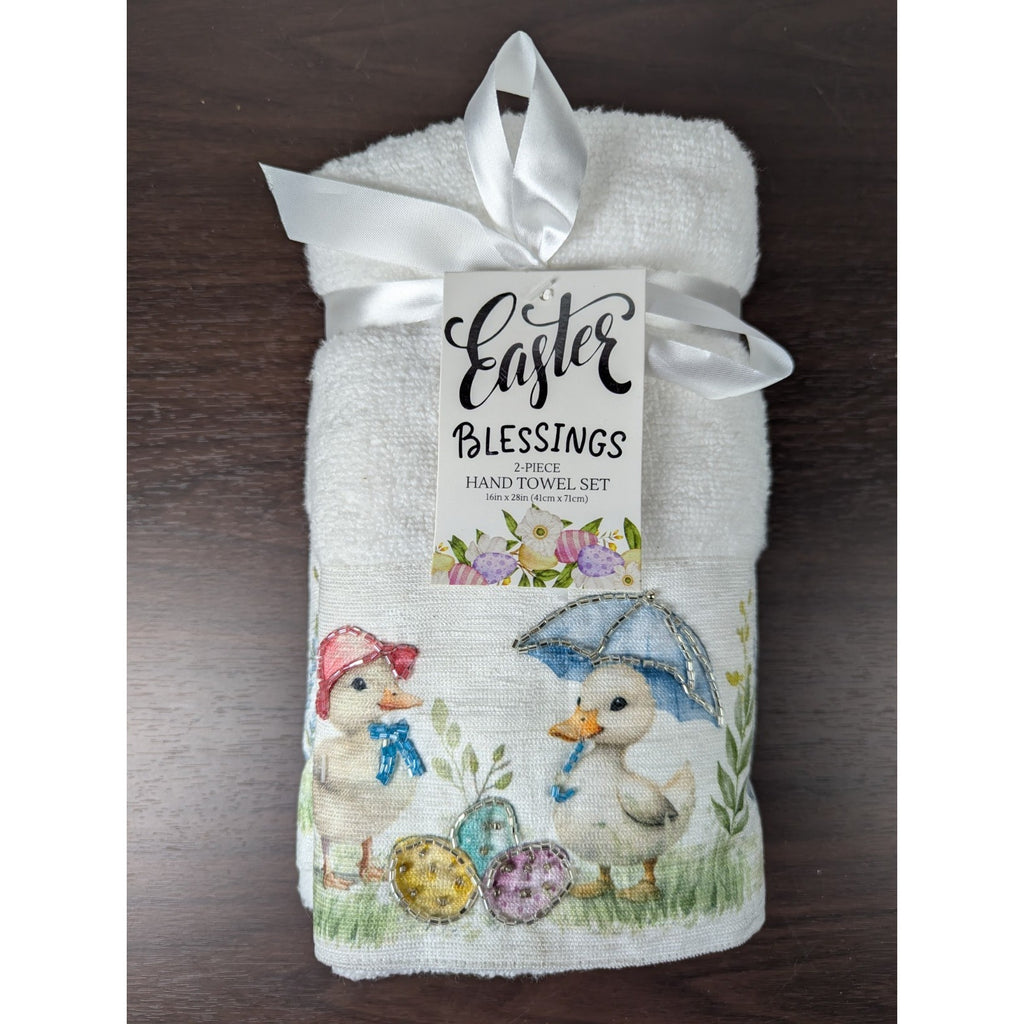 Easter Blessing Beaded Ducks Floral Hand Towels Set of 2, 16x28" 100% Cotton
