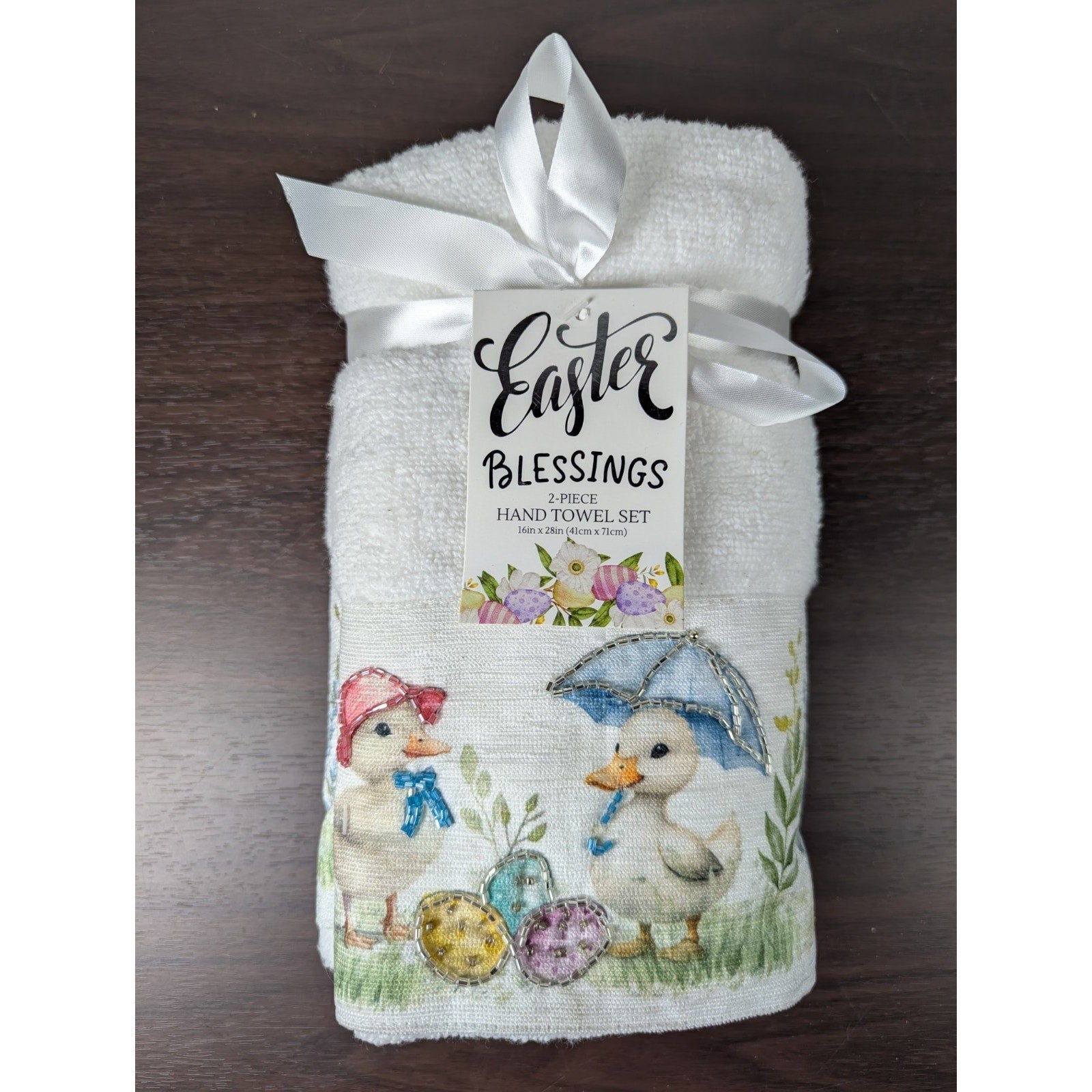 Easter Blessing Beaded Ducks Floral Hand Towels Set of 2, 16x28" 100% Cotton