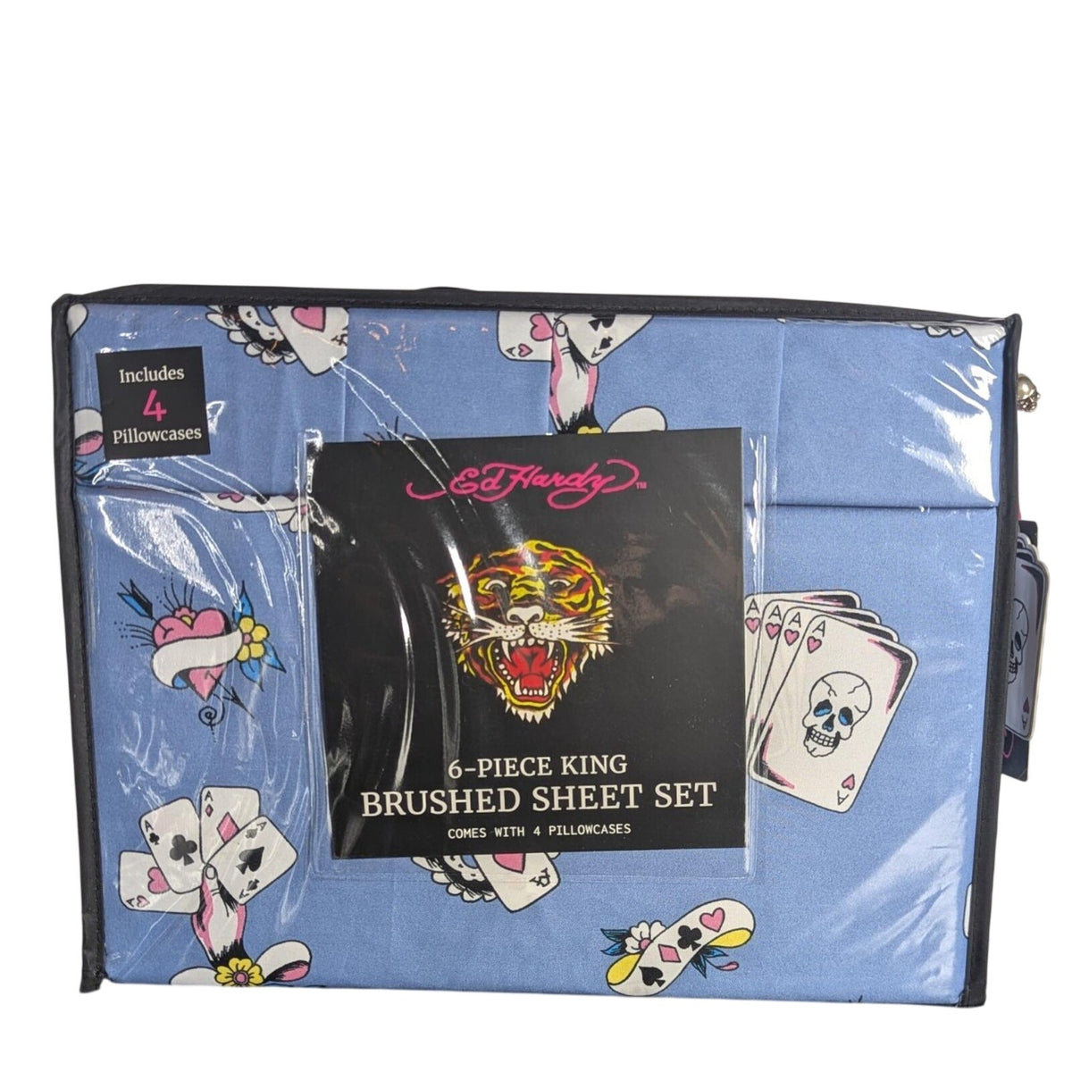 Ed Hardy 6-pc King Sheet Set w/4 Pillowcases, Playing Cards, Dice, Hearts NEW