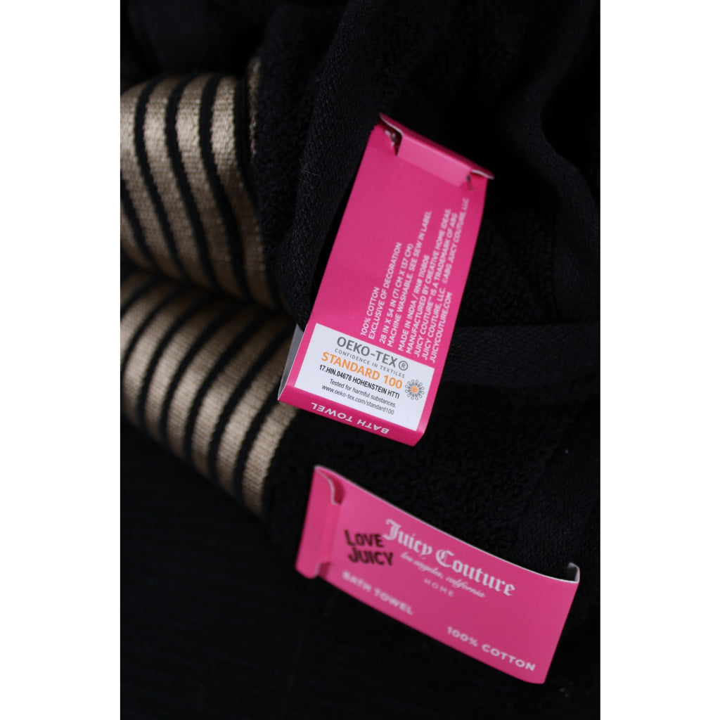 JUICY COUTURE 4psc Cotton BLACK, Gold Stripes, 2 Bath Towels, 2 Hand Towels
