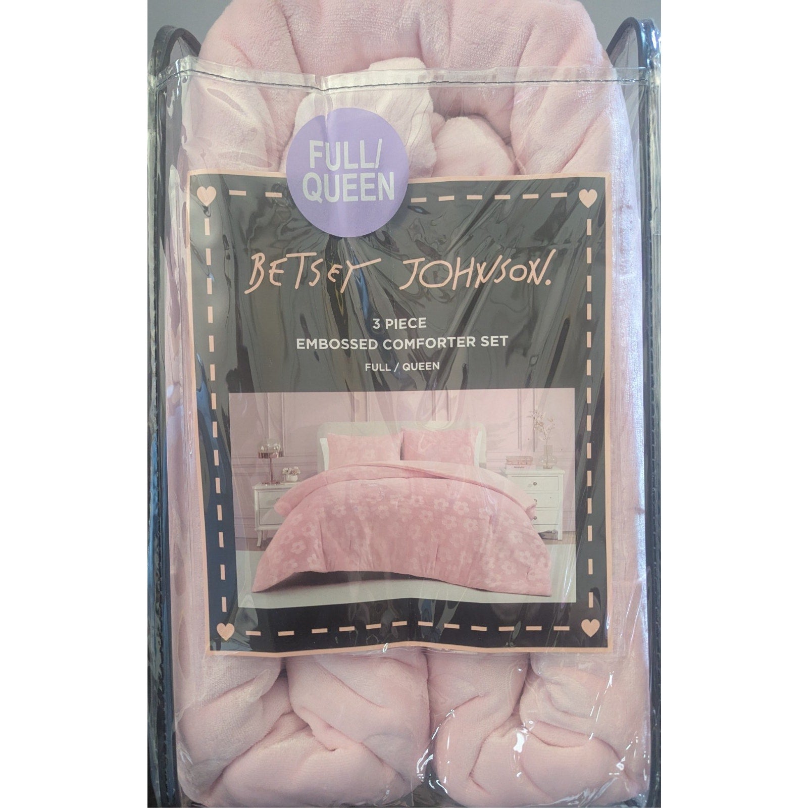 Betsey Johnson QUEEN Pink Flowers Embossed Velour 3 pc Comforter Set