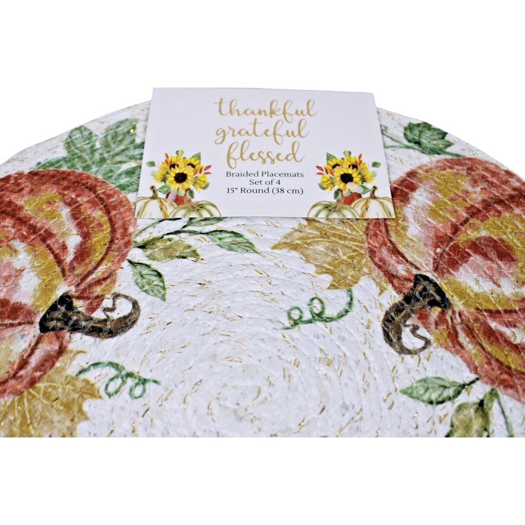 Orange Pumpkins Thanksgiving Fall Harvest Braided Fabric Round Placemats Set of 4 -15"