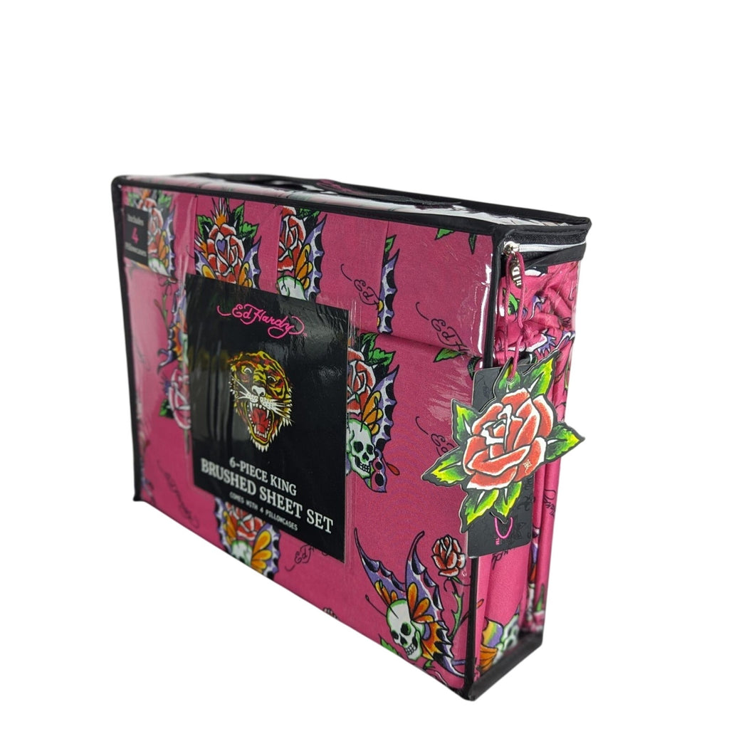 Ed Hardy 6 pc King Sheet Set Skulls Roses Tattoo Print w/4 Pillowcases