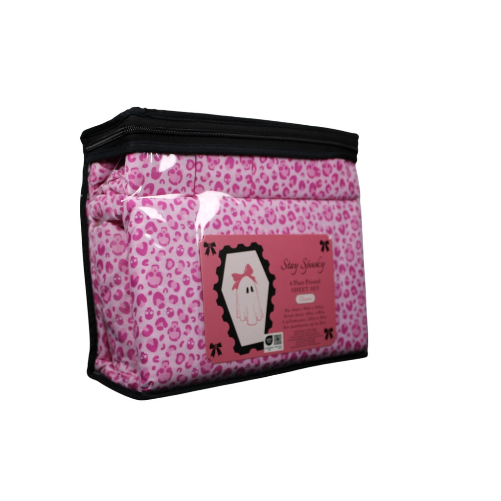 STAY SPOOKY 6pc QUEEN Halloween Skulls leopard print Pink Sheet Set - NEW
