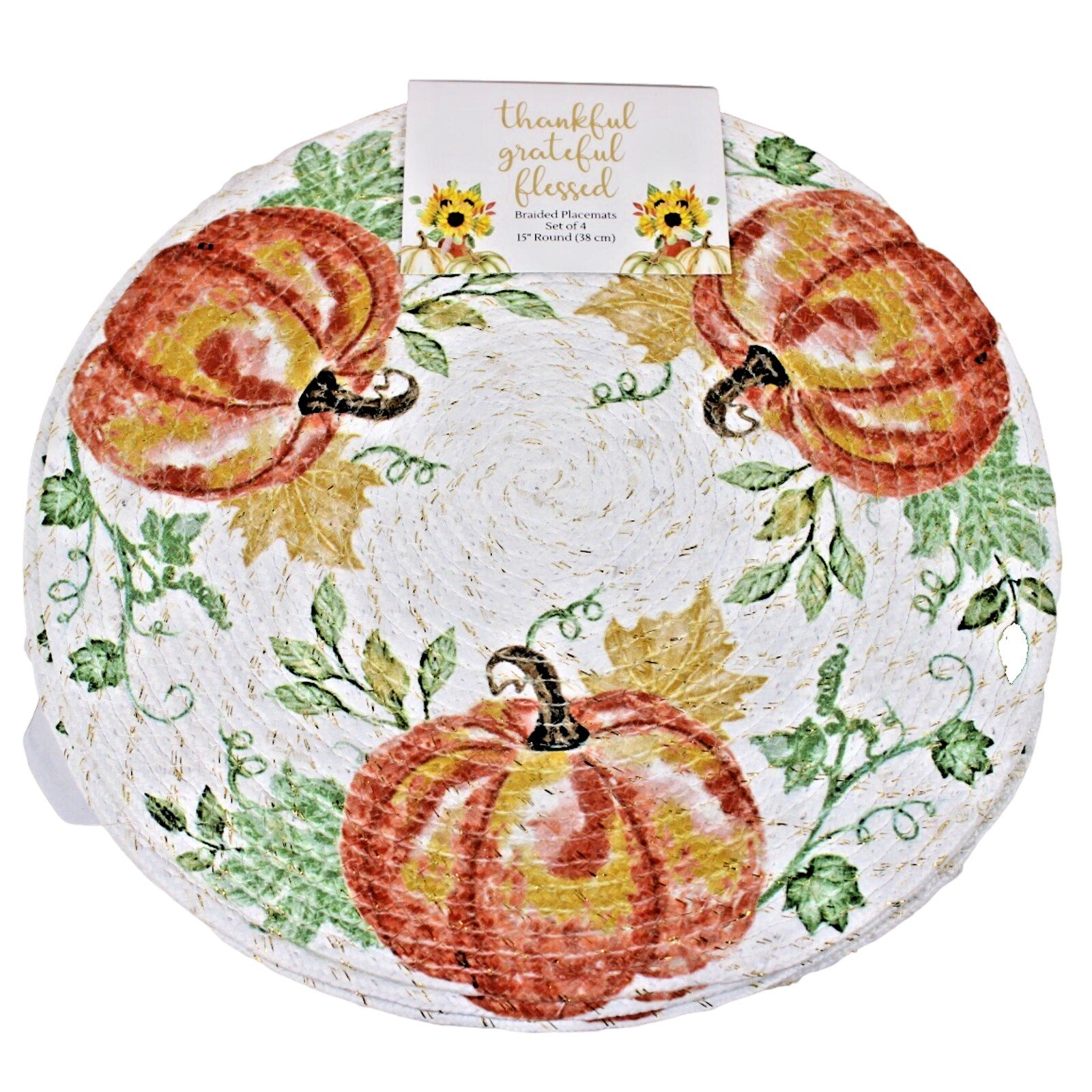 Orange Pumpkins Thanksgiving Fall Harvest Braided Fabric Round Placemats Set of 4 -15"
