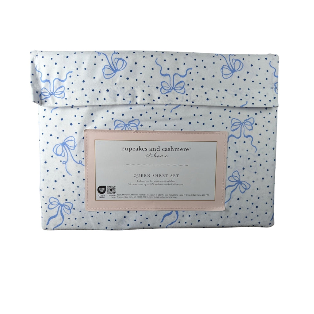 Cupcakes and Cashmere at home, Blue Ribbon & Dots 4pc QUEEN Sheet Set NEW