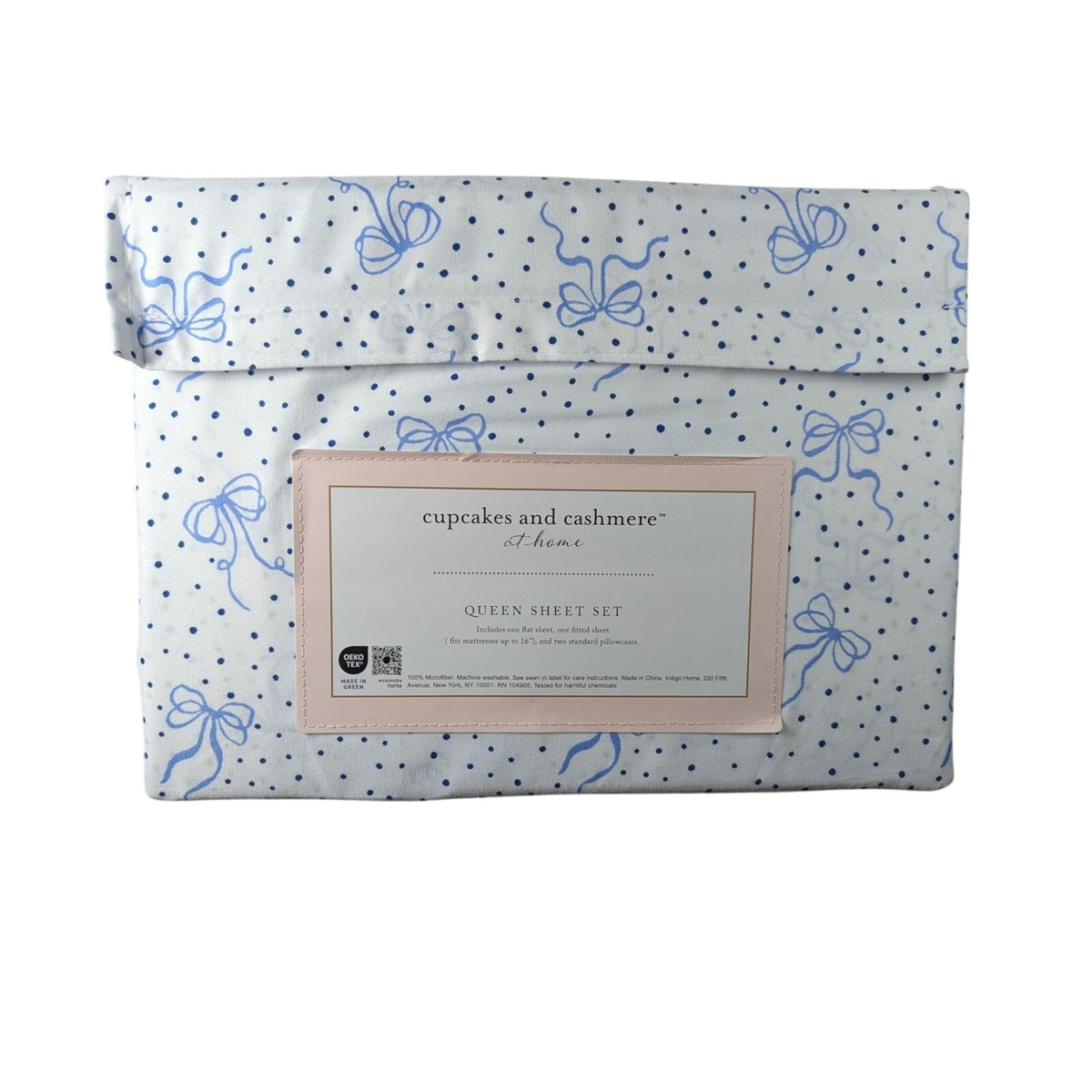 Cupcakes and Cashmere at home, Blue Ribbon & Dots 4pc QUEEN Sheet Set NEW