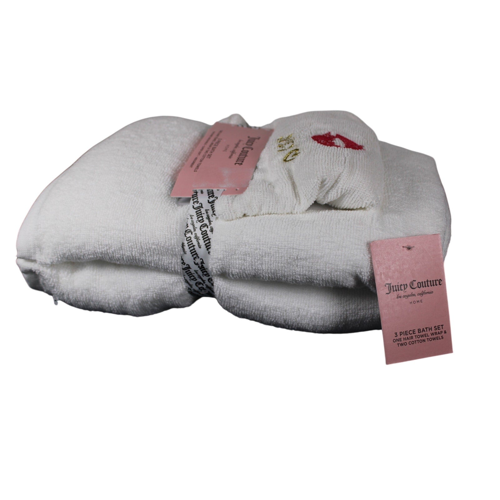 White Juicy Couture Lip Print 3-PC Bath Set Hair Wrap Towel Two Cotton Towels