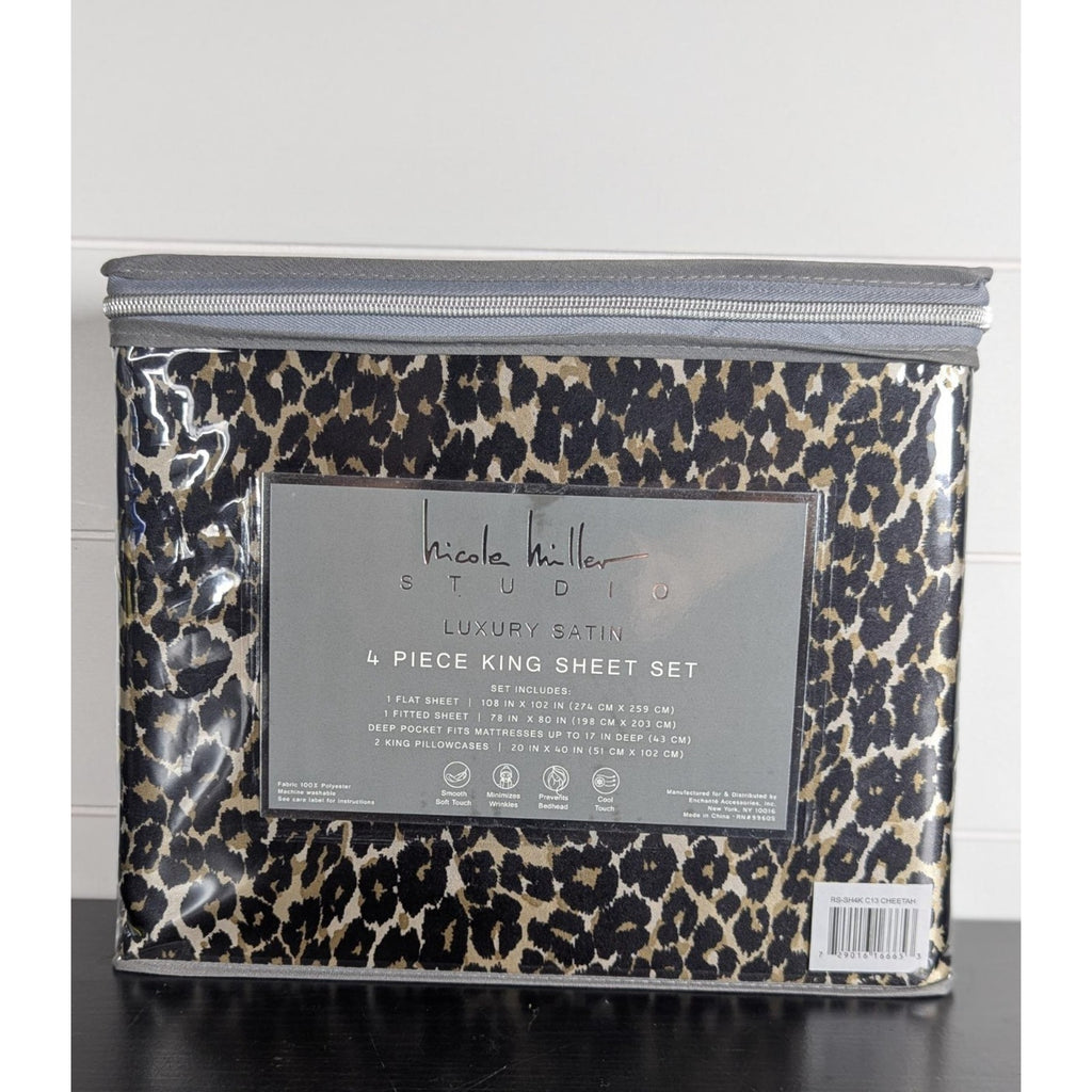 Nicole Miller Studio Luxury Satin KING Sheet Set 4 Pc Leopard Cheetah - New