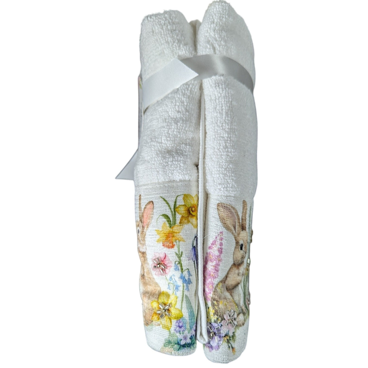 Happy Easter Spring Beaded Bunny Floral Hand Towels Set of 2, 16x28" 100% Cotton