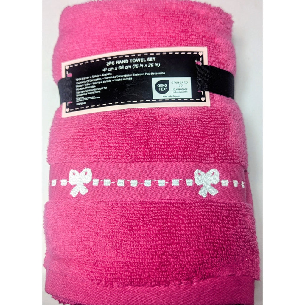 2pc Betsey Johnson Hand Towels 16x26 Hot Pink White Coquette Bow 100% Cotton New