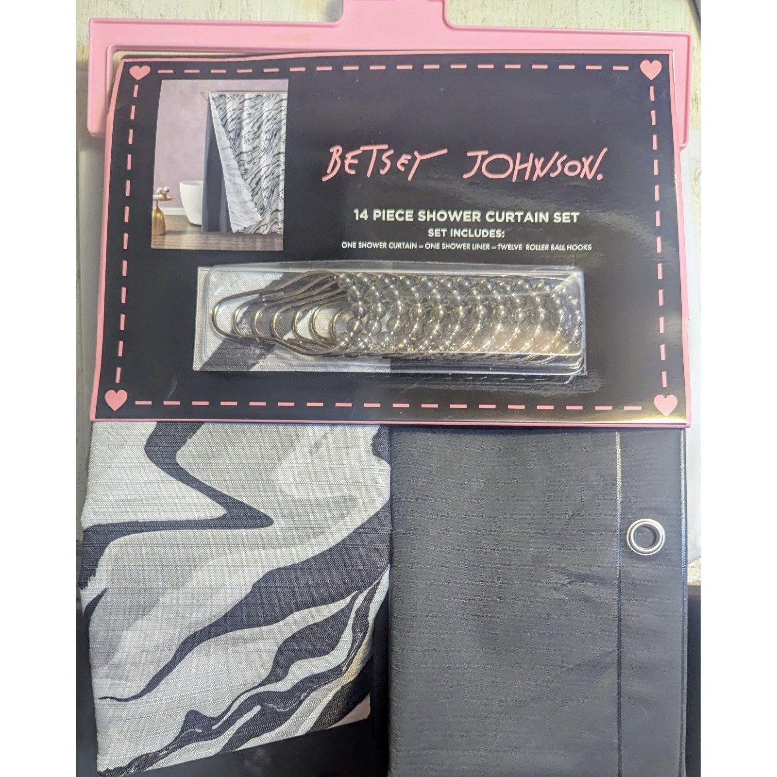 Betsey Johnson Shower Curtain 72x72 Black/Gray Marble, 12 Roller Ball Hooks