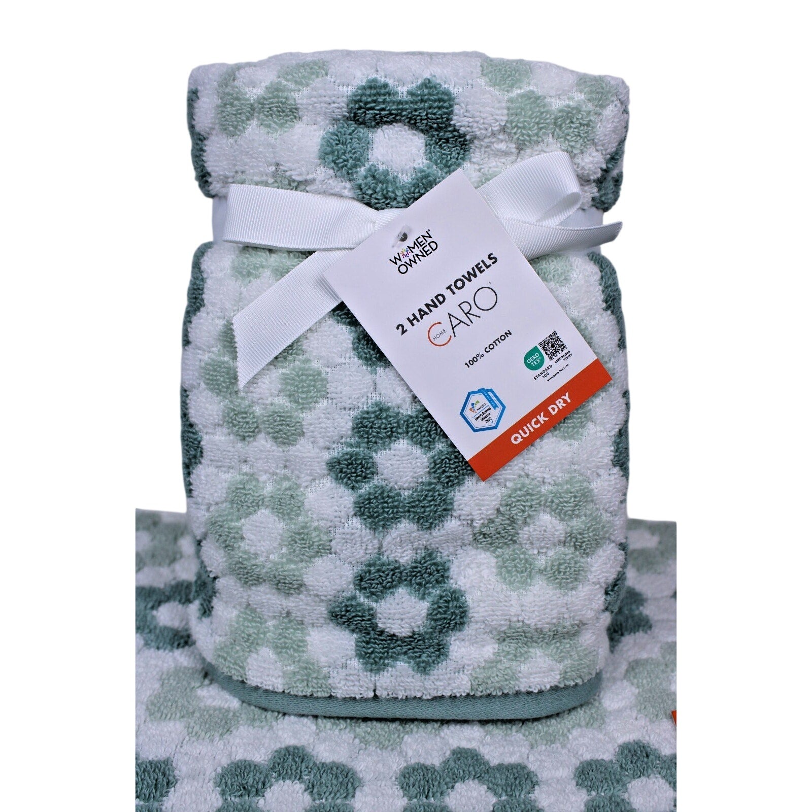 4pc CARO Home (2) Bath (2) Hand Towels Dark Sage, Daisies 100% Cotton, Quick Dry