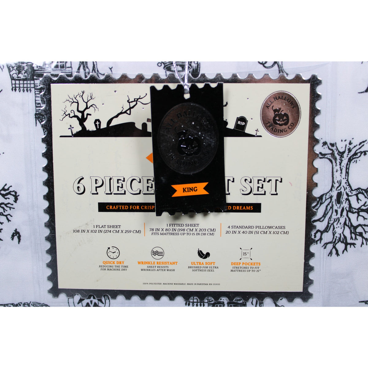 Spooky Halloween KING Sheets Set Haunted House, Pumpkins, Ghosts, Poison, Trees