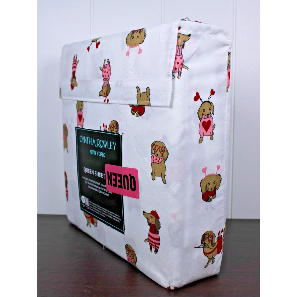 CYNTHIA ROWLEY Queen Sheet Set Weenie Dogs Valentines Hearts DACHSHUND