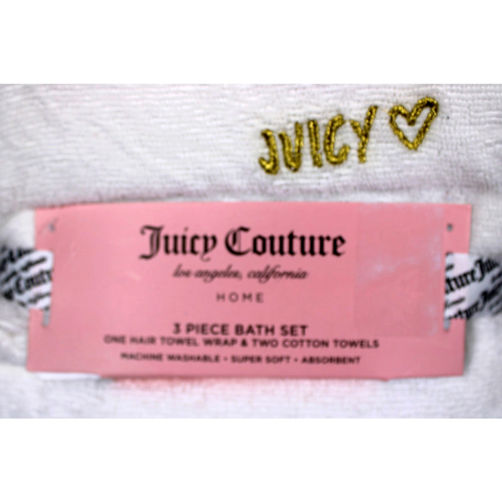 White Juicy Couture Lip Print 3-PC Bath Set Hair Wrap Towel Two Cotton Towels
