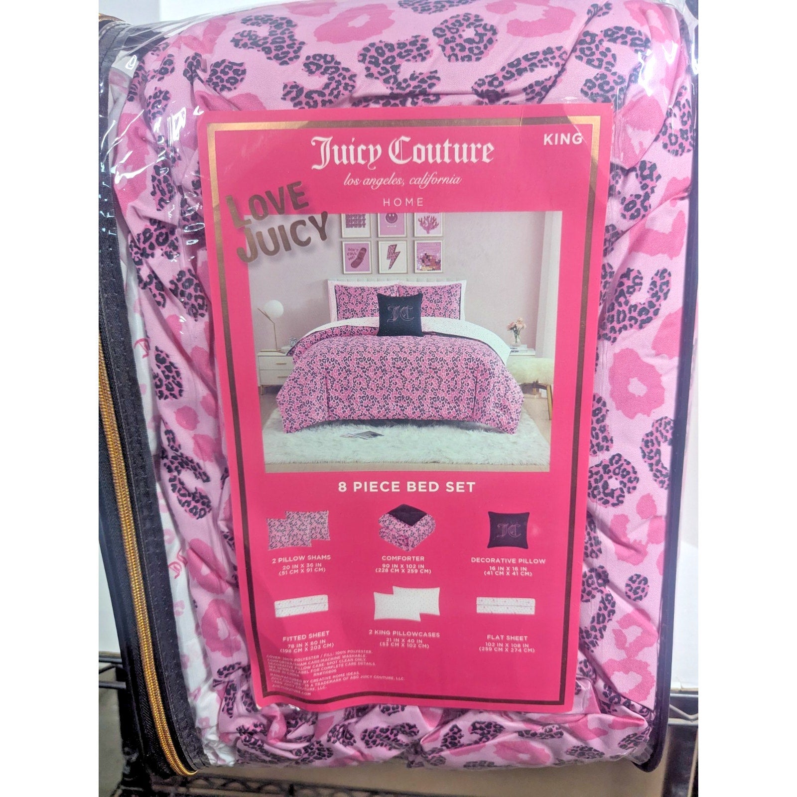 Juicy Couture Pink Black Leopard 8pc KING Bed Set Comforter Shams Sheets &Pillow