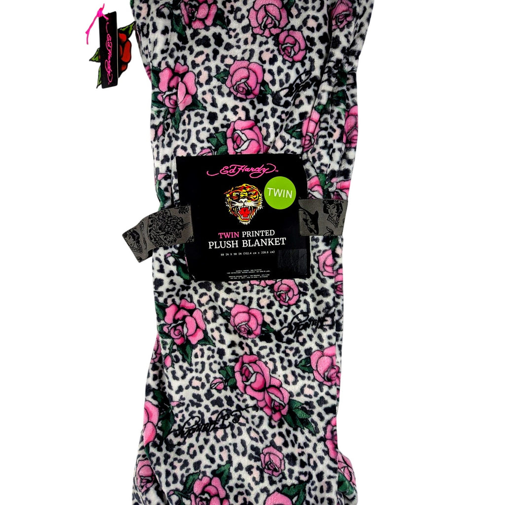 Ed Hardy Twin Plush Blanket 60x90 Roses, Leopard Spots