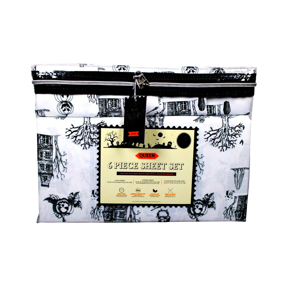 Spooky Halloween QUEEN Sheets Set Haunted House, Pumpkins, Ghosts, Poison, Trees