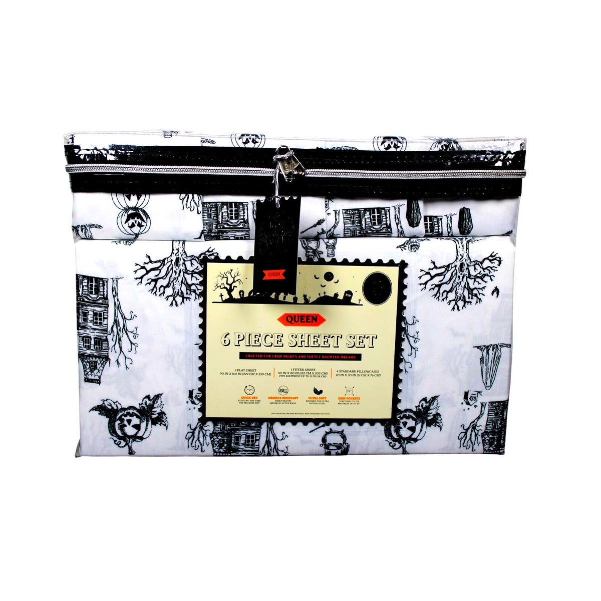 Spooky Halloween QUEEN Sheets Set Haunted House, Pumpkins, Ghosts, Poison, Trees