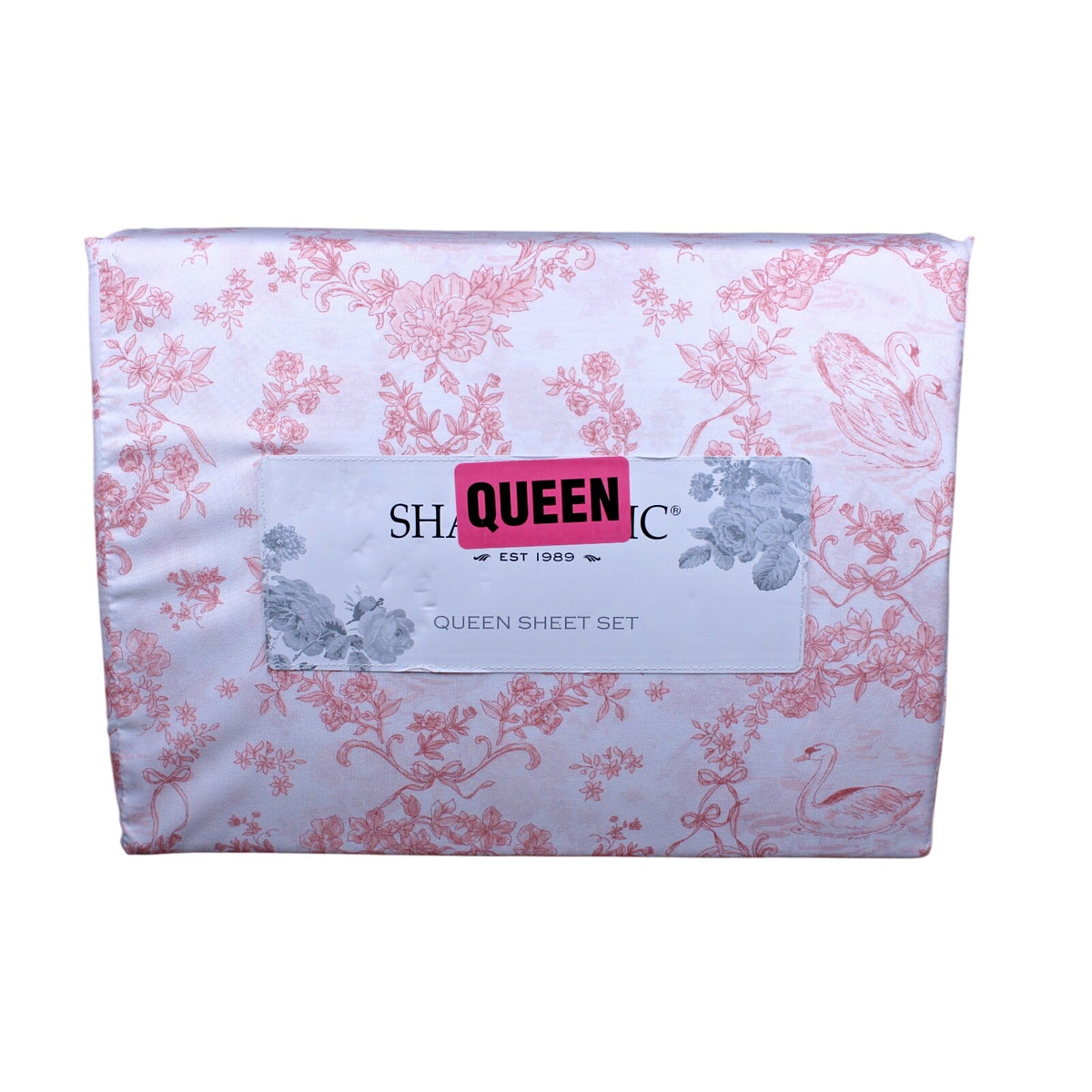 Shabby Chic Queen Sheet Set Swan Floral Coral Pink White Toile Vintage Inspired