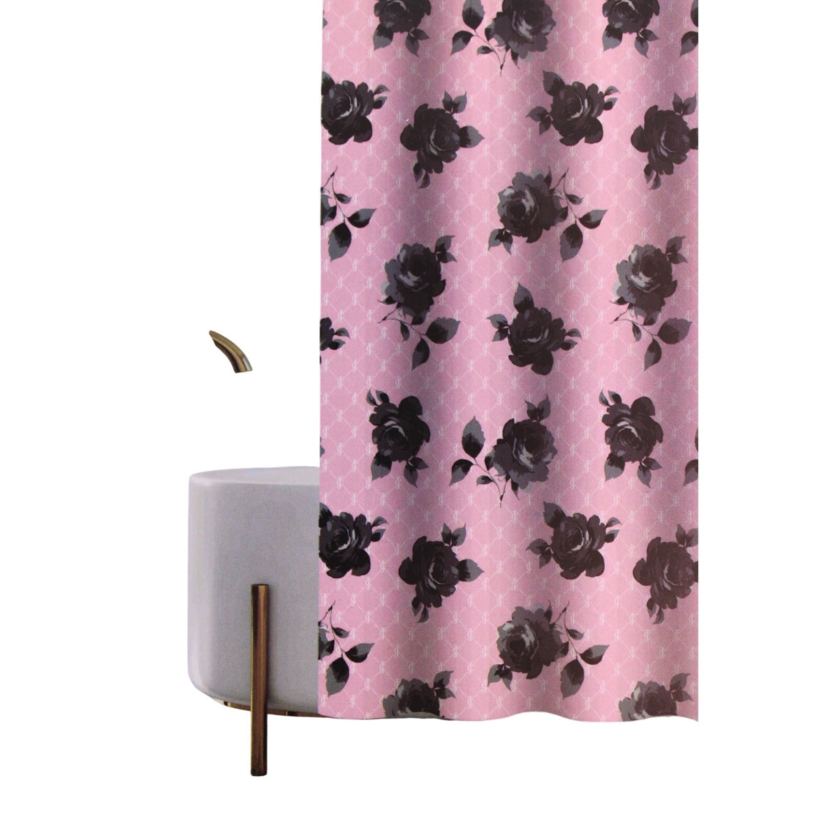 New Juicy Couture Pink Black Roses JC Logo,  Fabric Shower Curtain 12 Hooks