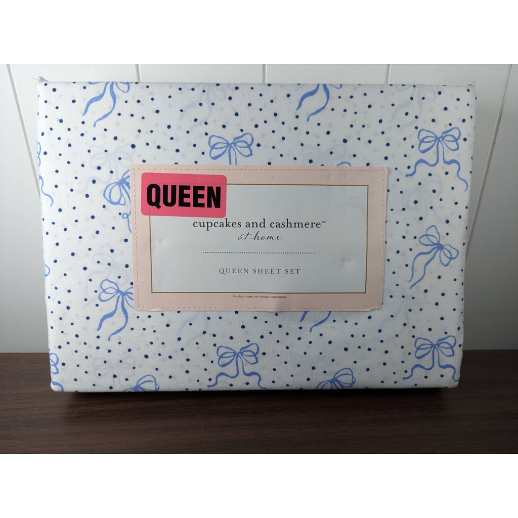 Cupcakes and Cashmere at home, Blue Ribbon & Dots 4pc QUEEN Sheet Set NEW