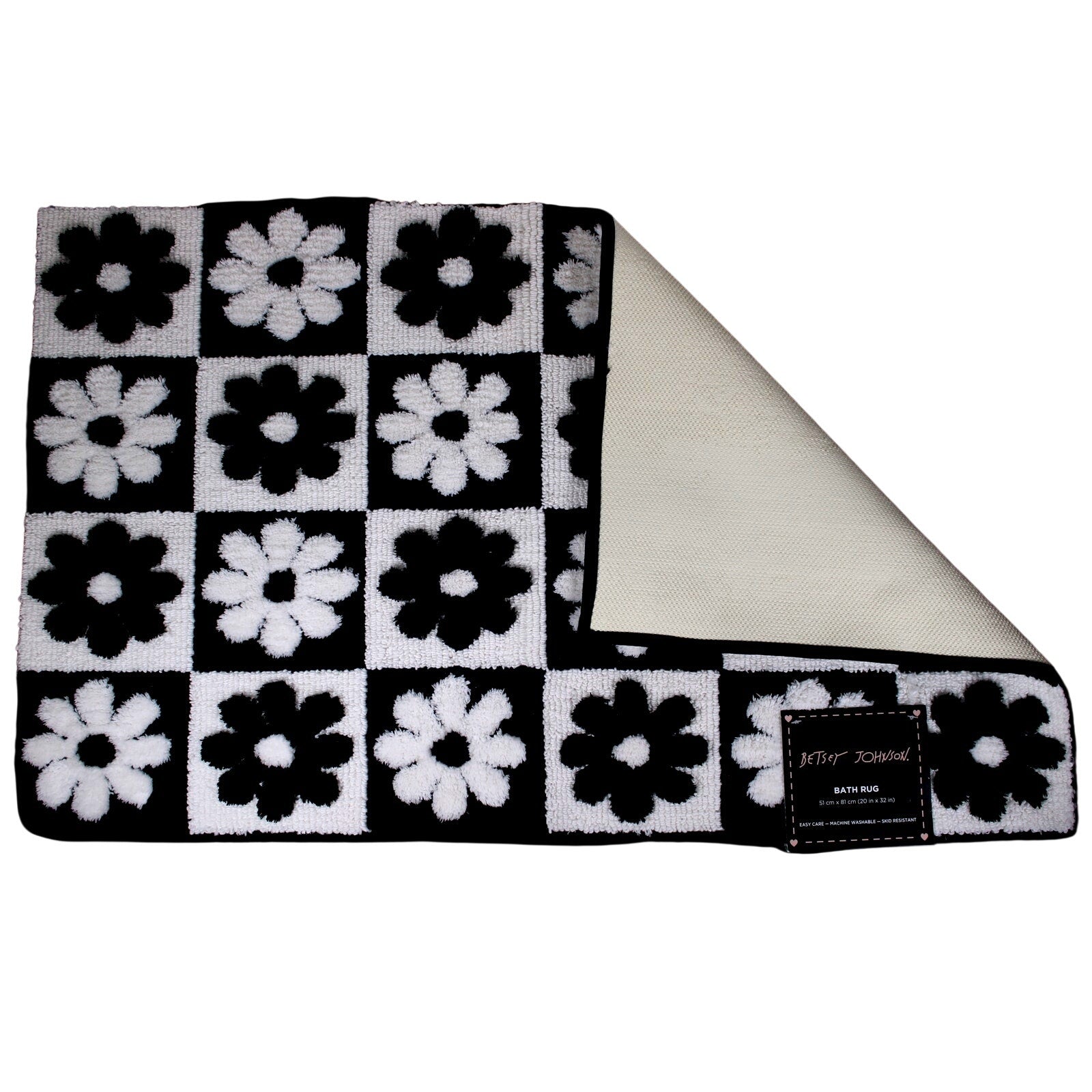 BETSEY JOHNSON, BLACK & WHITE DAISY CHECKER DESIGN BATH RUG - 20"X32"