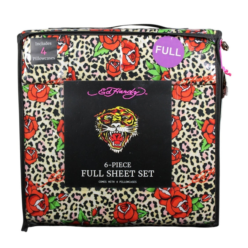 Ed Hardy Leopard Print with Red Roses & Logos 6pc FULL Sheet Set w/4 Pillowcases
