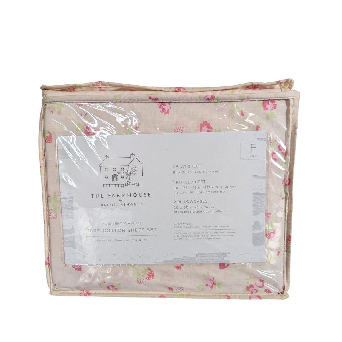 THE FARMHOUSE Rachel Ashwell FULL Pale Pink w/Strawberries & Flowers Sheet Set