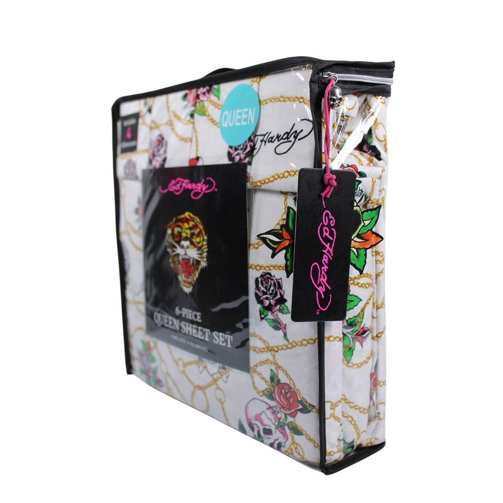 Ed Hardy White 6 pc Queen Sheet Set Skulls Roses Tattoo Print w/4 Pillowcases