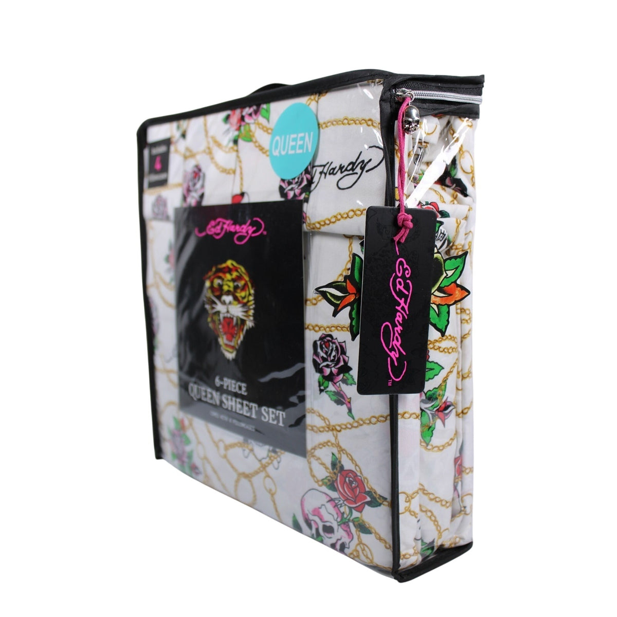 Ed Hardy White 6 pc Queen Sheet Set Skulls Roses Tattoo Print w/4 Pillowcases