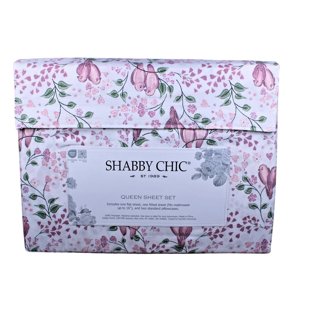 Shabby Chic Farmhouse Cottage Queen Sheet Set Pink and Mauve Lovebirds & Hearts