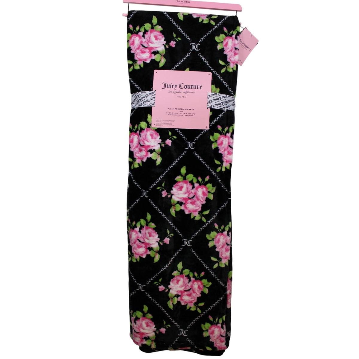 Juicy Couture Black W Pink Roses 60" x 90" Soft Plush Twin Blanket