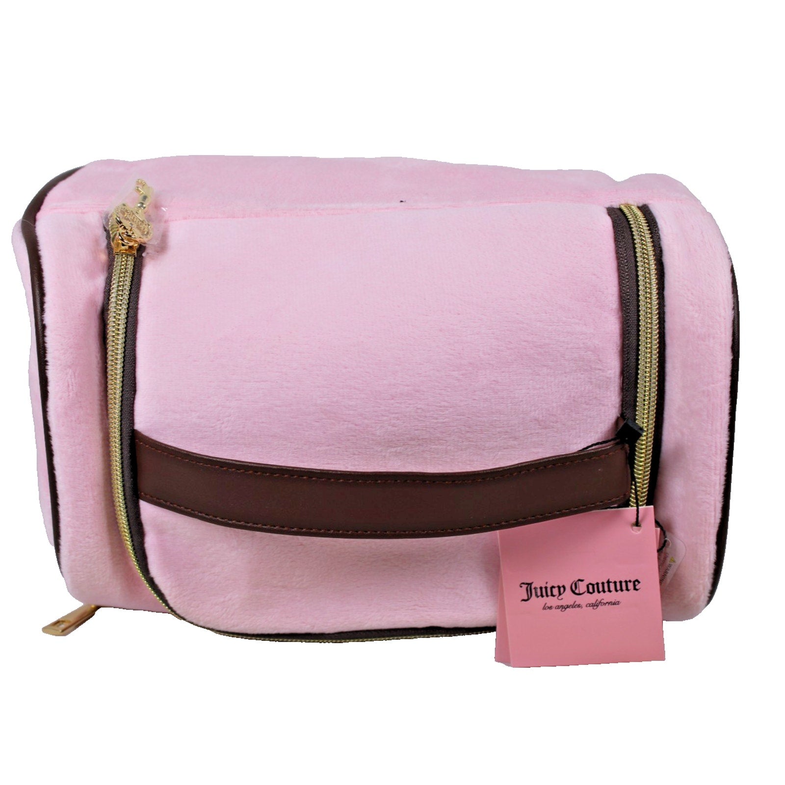 NWT Juicy Couture pink velvety cosmetic make up hanging bag w/toiletry bottle