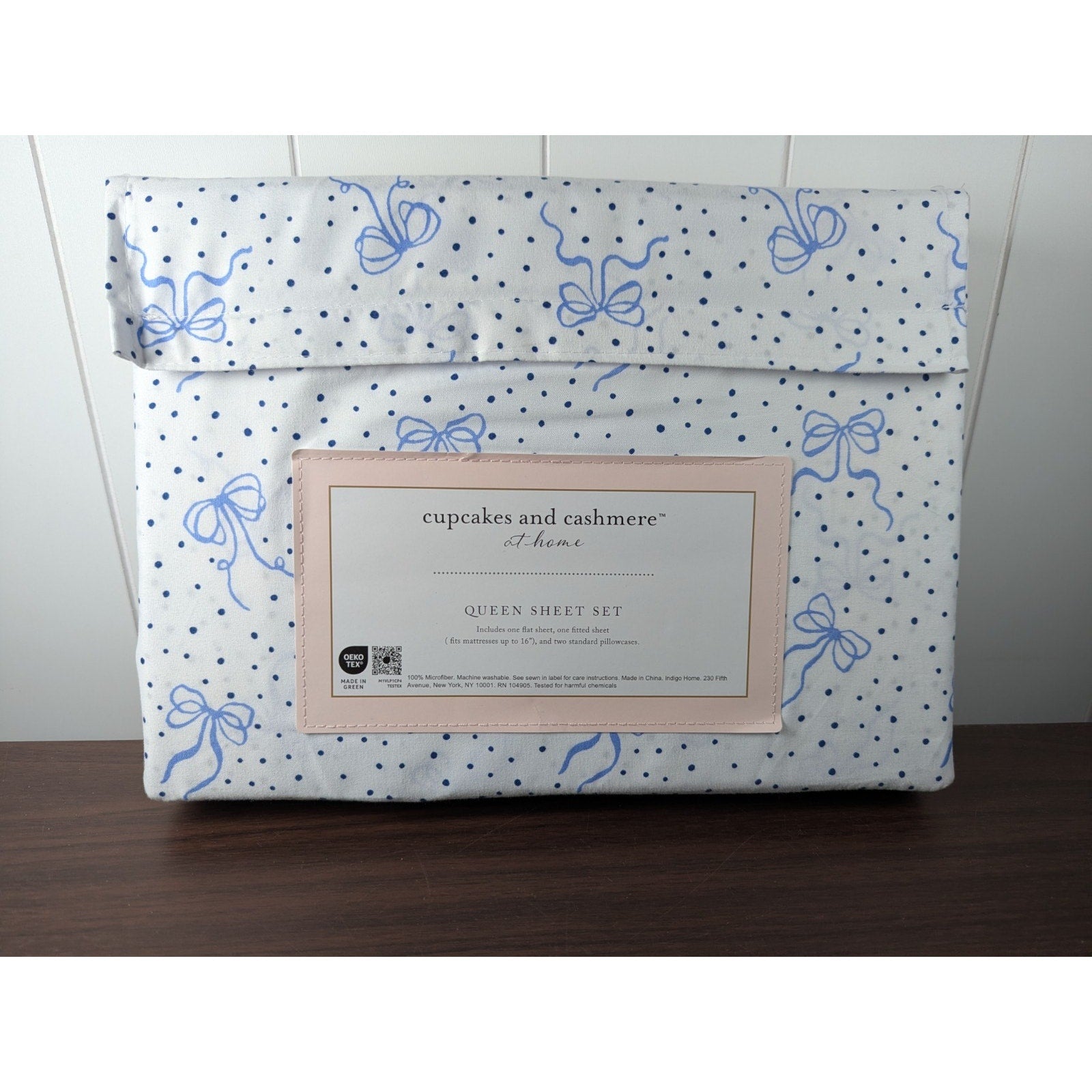 Cupcakes and Cashmere at home, Blue Ribbon & Dots 4pc QUEEN Sheet Set NEW