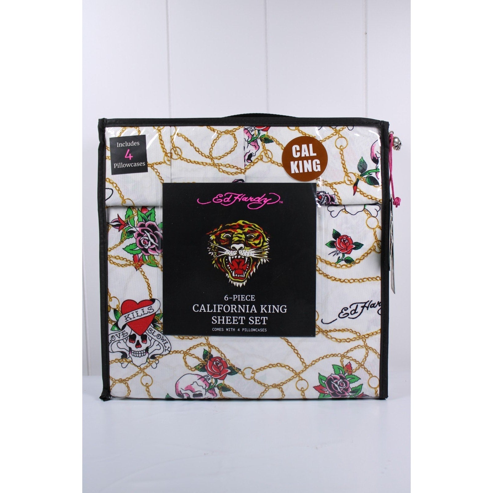 Ed Hardy White 6 pc Cal King Sheet Set Skulls Roses Tattoo Print w/4 Pillowcases