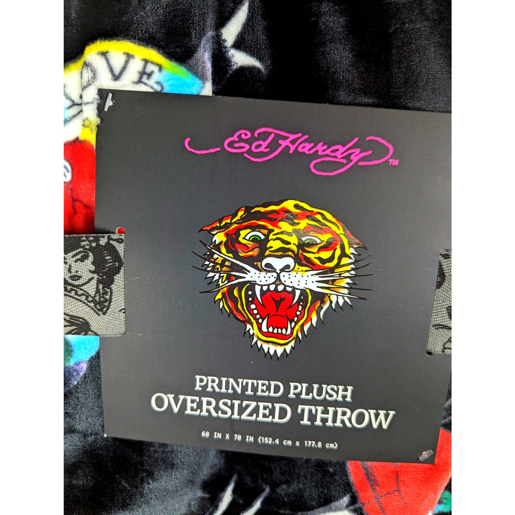 Ed Hardy Plush Throw Blanket Oversized 50X70 Black tattoo Eagle Rose Cozy Soft