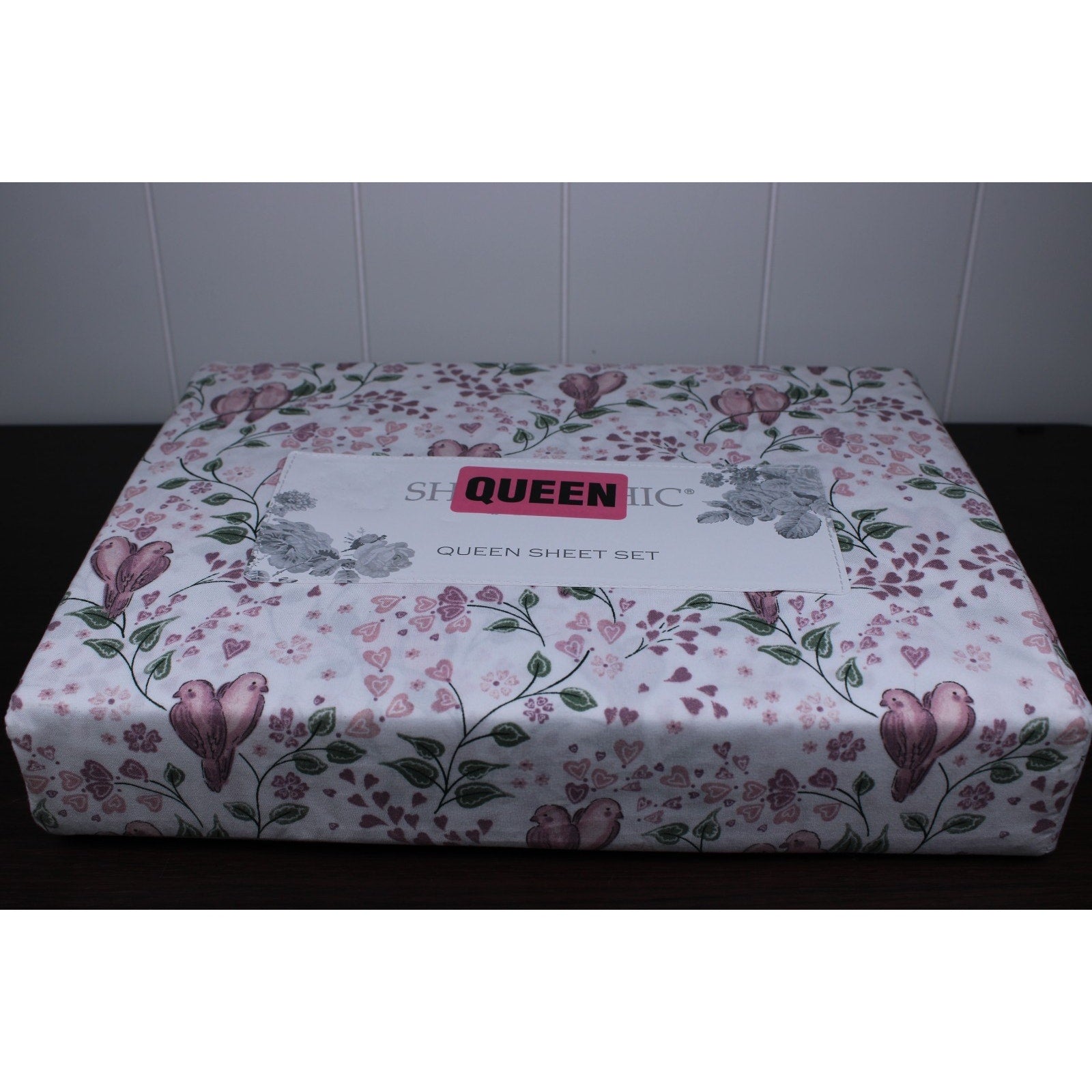 Shabby Chic Farmhouse Cottage Queen Sheet Set Pink and Mauve Lovebirds & Hearts