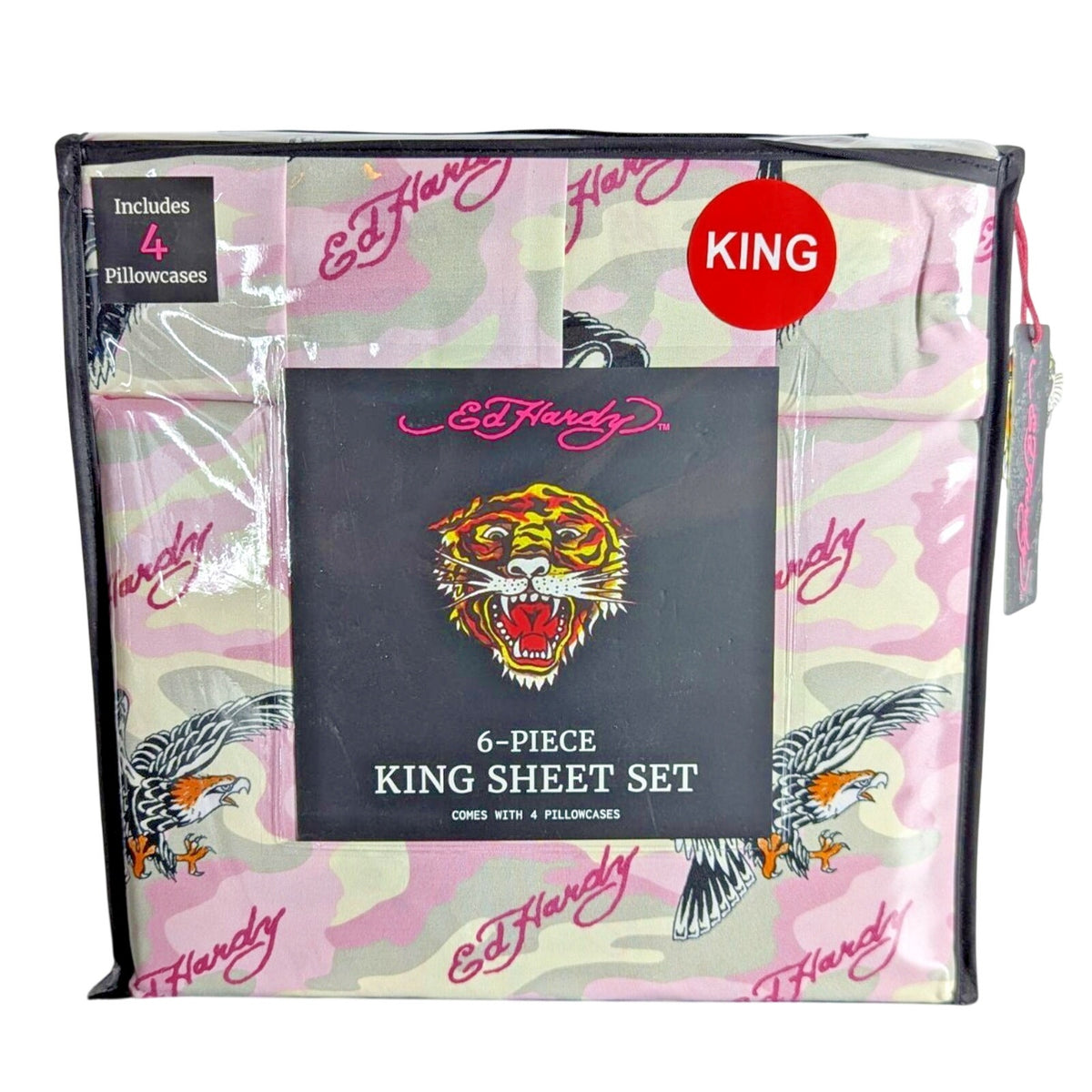 Ed Hardy 6-pc King Sheet Set w/4 Pillowcases Eagle, Black Tiger - NEW